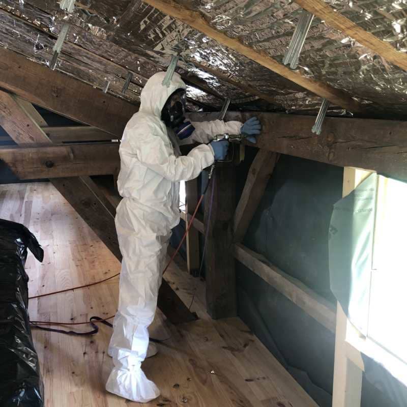 Technicien BDX Termites Coutras en combinaison de protection traitant une poutre de charpente